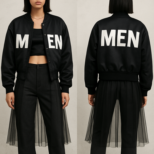 A crop top with some pants a see through skirt over the pants and a letters men jacket 