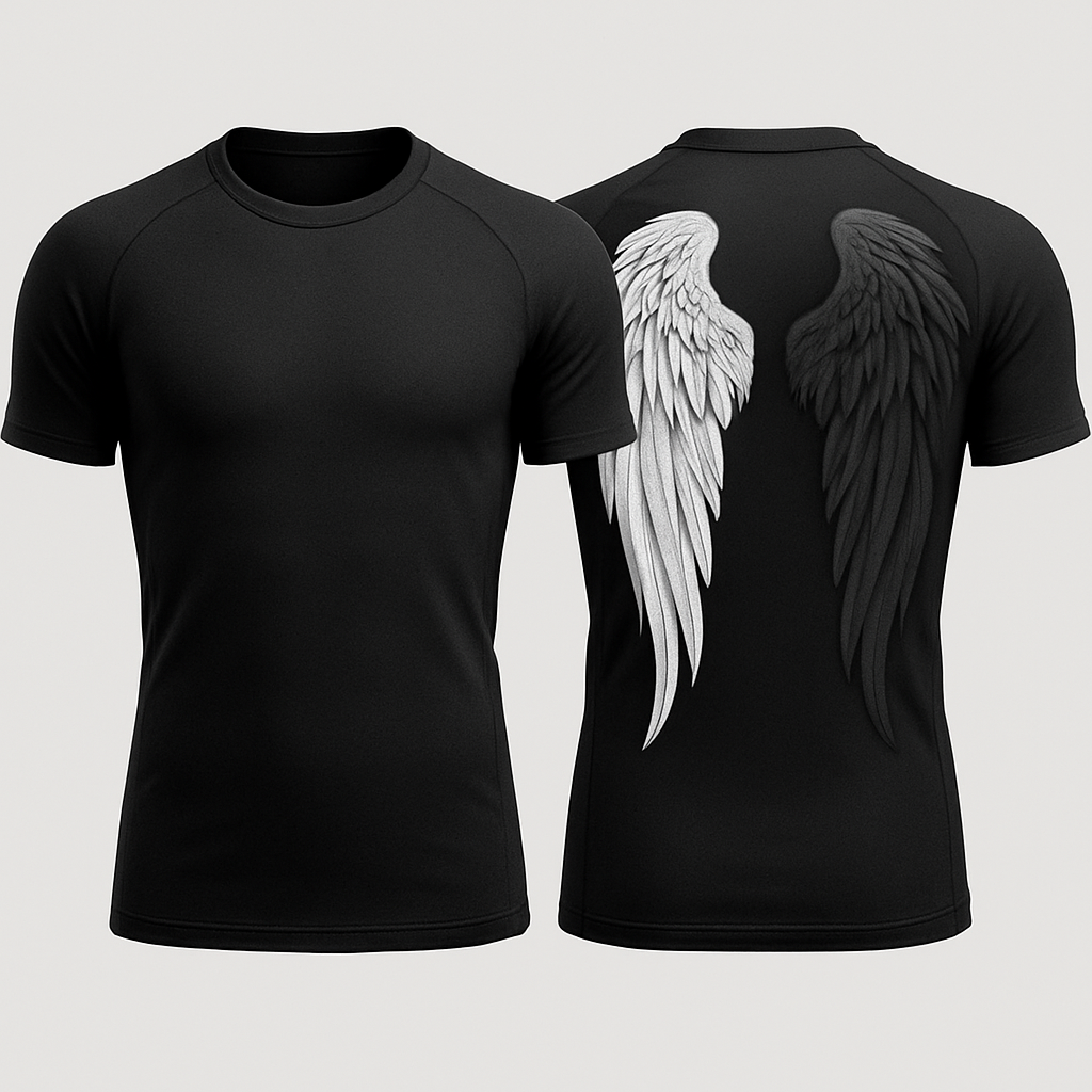 Black base compression fit short sleeve rash guard with angel wings in the back 

Make one wing white and the other black but lighter shade of black compared to the base color 

Make the black wing a little more of a lighter shade 

Still little more lighter 

Black base compression fit short sleeve rash guard with angel wings in the back 

Make one wing white and the other black but lighter shade of black compared to the base color 

Make the black wing a little more of a lighter shade 

Still little more lighter , streetwear style, show front and back