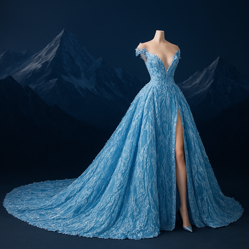 I want to create an extravagant gown with a 20 feet tail, a plunging neckline, with embroidery and textures that look like icicles and glaciers against a dark backdrop like the mountains with icy tips against California skies. Translate that into a beautiful design on the bodice and skirts of this fabulous gown. Sexy bodice with bare shoulders and a thigh high slit on the skirt 