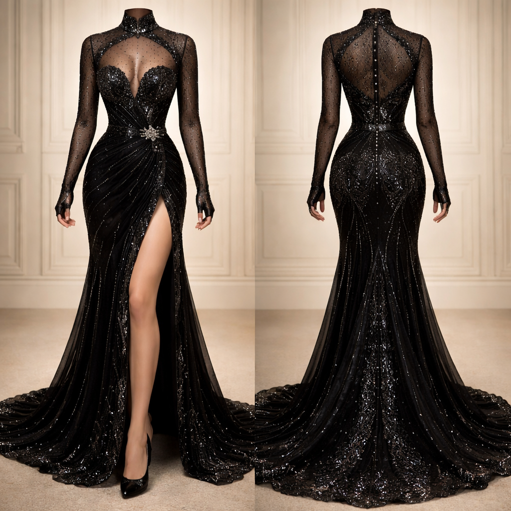 I want a black dress that looks elegant and vintage, it should be long and one leg appearing we could cover up the neck a little and add some sleeves and also I want a front decolte. You can make the dress shiny and add little details and patterns
I want a black dress that looks elegant and vintage, it should be long and one leg appearing we could cover up the neck a little and add some sleeves and also I want a front decolte. You can make the dress shiny and add little details and patterns
, vintage style, show front and back