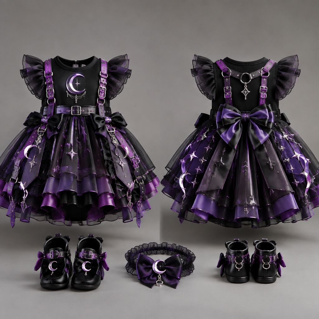 Dresses for the age of six months, Eid dresses.
photorealistic fashion design, Dresses for the age of six months, Eid dresses.
, cybergoth style, just the design no text, show front and back