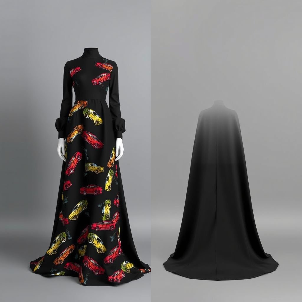 Create me a unique long dress with hot wheel cars hanging from it, with a race car outfit look.met gala dress. But I want it to be modest I want the arms and legs covered. and empowers a Met Gala look. Put “DV” on it somewhere
Design a unique, modest long dress for Met Gala, inspired by Japanese street fashion. The dress features a sleek, structured silhouette adorned with vibrant hot wheel cars, skillfully intertwined with traditional motifs. Elegant sleeves cover the arms, while the hemline flows elegantly to the floor. Embellish with "DV" in bold, eye-catching embroidery, blending street style with high fashion.