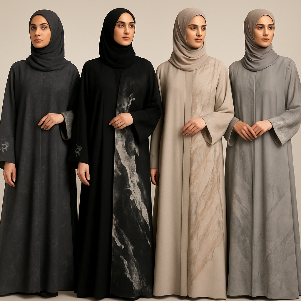 Create a modest abaya, the first of its kind, featuring a unique stone design that exudes a classy and sophisticated vibe. I'd like four designs, each showcasing different styles and fabrics. Incorporate high-end, unique chic stone designs to make them truly special. Add little sophisticated stone designs.
Create a modest abaya, the first of its kind, featuring a unique stone design that exudes a classy and sophisticated vibe. I'd like four designs, each showcasing different styles and fabrics. Incorporate high-end, unique chic stone designs to make them truly special. Add little sophisticated stone designs.
