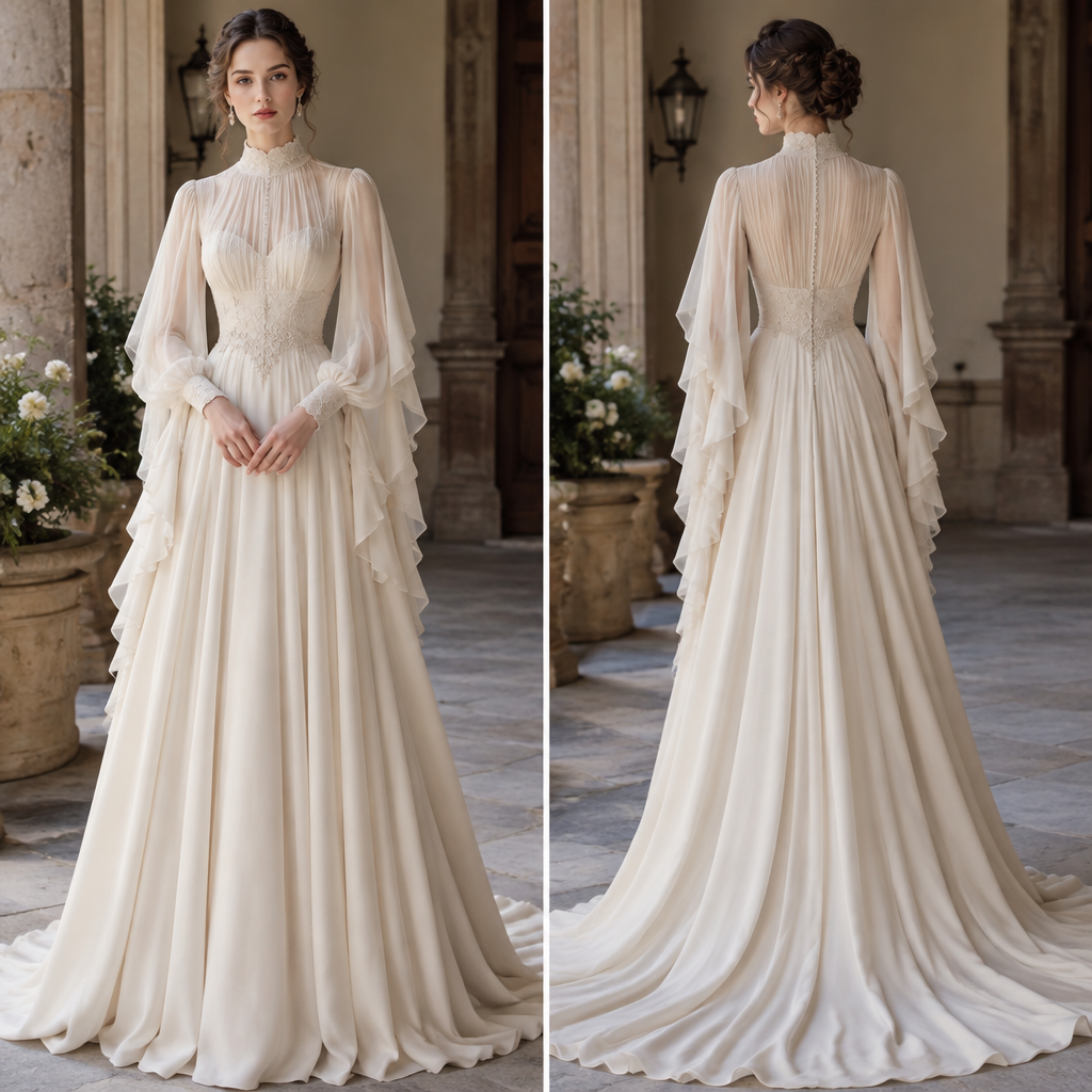 A Female Dress design, made of Satin, with a light, flowing drape, with a Flared silhouette, with modest, full coverage: longer hemlines, higher necklines and covered shoulders, in a Neutrals color palette, for Wedding, suitable for Spring, suited to a Temperate climate, in Edwardian style, shown on a model with fair skin and a slim figure. manga larga con torso de chifon , ,manga cascada,,y crepe , falda y cola larga ,ligera, y eterna, con un leve volumen. Mexico fashion aesthetics. Present it as professional fashion catalogue photography: the garment is the subject, shown full-length with editorial styling, neutral posing and tasteful, non-suggestive framing.
photorealistic fashion design, A Female Dress design, made of Satin, with a light, flowing drape, with a Flared silhouette, with modest, full coverage: longer hemlines, higher necklines and covered shoulders, in a Neutrals color palette, for Wedding, suitable for Spring, suited to a Temperate climate, in Edwardian style, shown on a model with fair skin and a slim figure. manga larga con torso de chifon , ,manga cascada,,y crepe , falda y cola larga ,ligera, y eterna, con un leve volumen. Mexico fashion aesthetics. Present it as professional fashion catalogue photography: the garment is the subject, shown full-length with editorial styling, neutral posing and tasteful, non-suggestive framing., edwardian style, just the design no text, show front and back