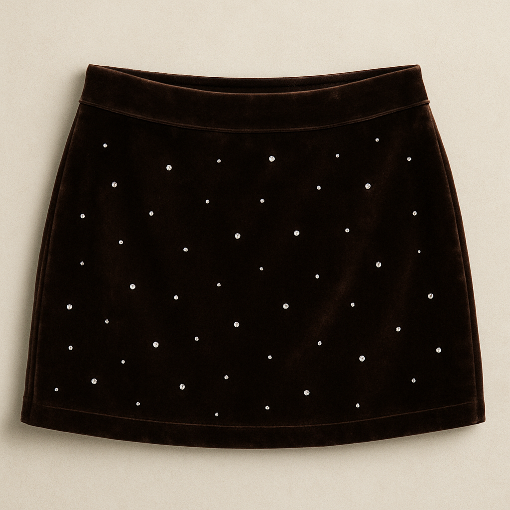 Velvet low waist mini skirt in chocolate brown with sporadic rhinestones
Velvet low waist mini skirt in chocolate brown with sporadic rhinestones
