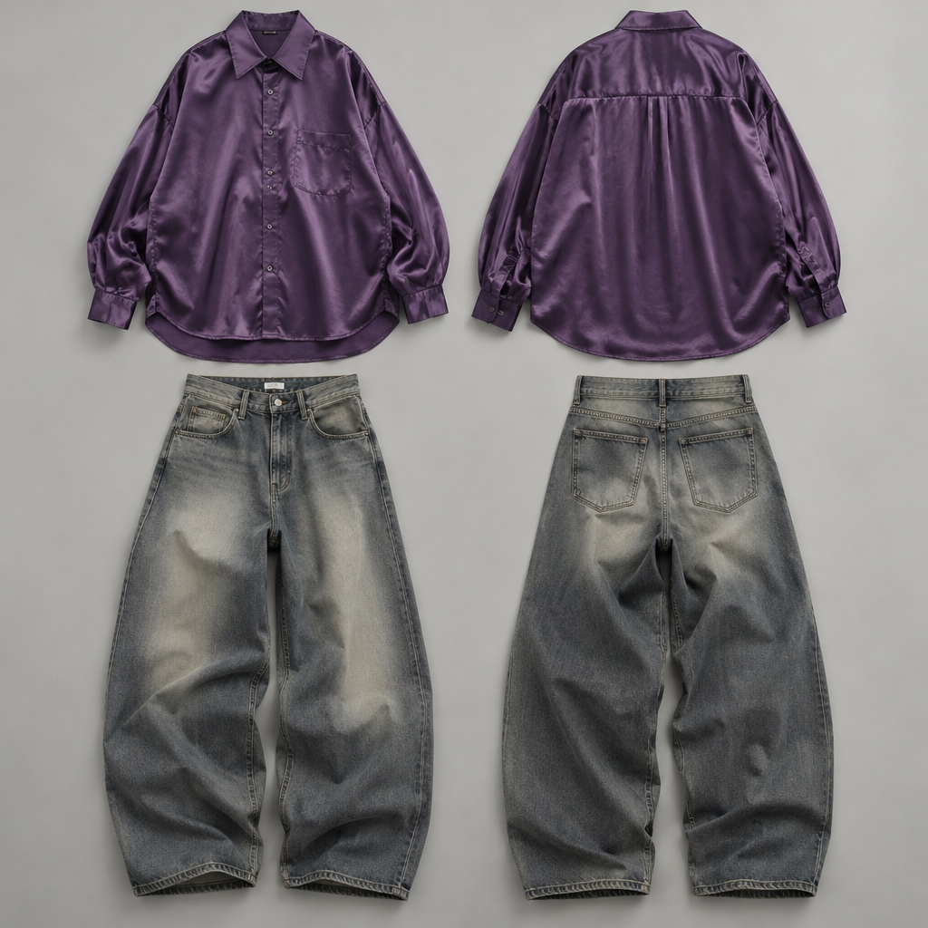 a flat lay product photo of a premium oversized purple satin streetwear blouse next to baggy oversized jeans, high quality minimalist studio background
photorealistic fashion design, a flat lay product photo of a premium oversized purple satin streetwear blouse next to baggy oversized jeans, high quality minimalist studio background, just the design no text, show front and back