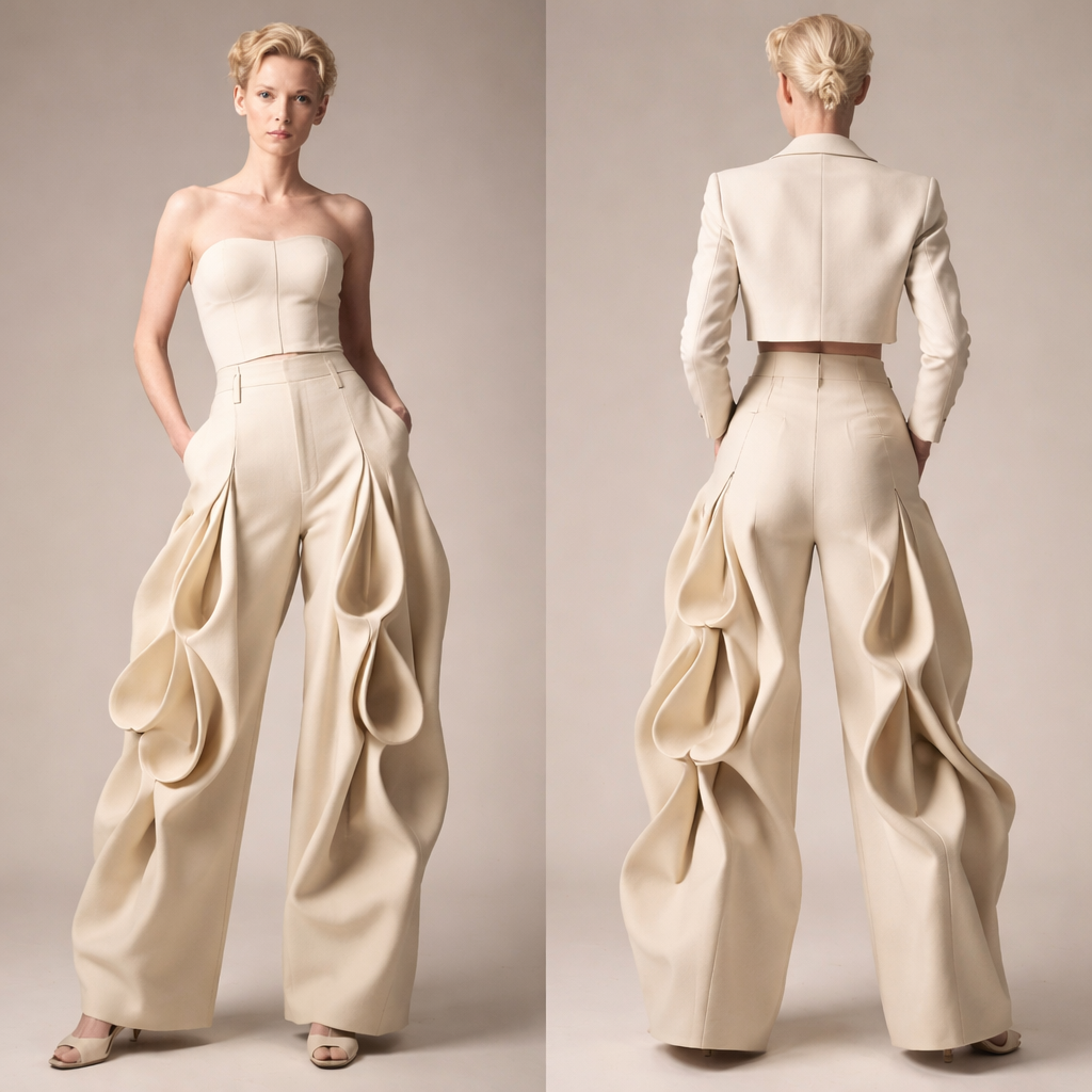 To create a pair of trousers for Tilda Swinton using the fabric manipulation technique shown in your images, follow these steps:
### Design Concept
1. **Silhouette Inspiration**: Consider Tilda Swinton's unique style, often characterized by avant-garde silhouettes. Incorporate a wide-leg or tapered design to reflect her fashion-forward attitude.
2. **Fabric Choice**: Select a lightweight fabric that holds shape well, like a structured cotton or a blend with some stretch. This will enhance the drape and allow for the manipulation technique.
### Pattern Development
1. **Base Trousers Pattern**:
- Start with a basic trousers block pattern that fits well. Adjust the waist and hip measurements to ensure a comfortable fit.
2. **Adding Fabric Manipulation**:
- Use the *otoshiana* technique as shown in your images:
- Create a pattern that includes drop holes at strategic points to add texture and volume.
- Experiment with the placement of these openings to create dynamic shapes along the legs.
### Construction Steps
1. **Cutting the Fabric**:
- Cut the main trouser pieces according to your adjusted pattern, ensuring to add seam allowances.
- Cut additional pieces for the *otoshiana* elements, ensuring they are slightly larger than the required size.
2. **Assembling the Trousers**:
- Follow the steps from the images:
- Position the *otoshiana* pieces where desired, ensuring they are larger than the cut holes in the trousers.
- Pin and machine-stitch these pieces to the main fabric, focusing on the design's interplay between the openings and the fabric drape.
3. **Finishing Touches**:
- Construct the waistline and add any closures (like a zipper or buttons).
- Hem the trousers to the desired length, allowing for a slight flare or taper at the bottom.
### Styling
- Consider pairing the trousers with a fitted top or an oversized jacket to balance the proportions.
- Accessories can include bold jewelry or unique footwear to complete the look.
By integrating the *otoshiana* technique into the trousers, you'll create a piece that not only reflects Tilda Swinton's distinctive style but also showcases innovative fabric manipulation.
To create a pair of trousers for Tilda Swinton using the fabric manipulation technique shown in your images, follow these steps:
### Design Concept
1. **Silhouette Inspiration**: Consider Tilda Swinton's unique style, often characterized by avant-garde silhouettes. Incorporate a wide-leg or tapered design to reflect her fashion-forward attitude.
2. **Fabric Choice**: Select a lightweight fabric that holds shape well, like a structured cotton or a blend with some stretch. This will enhance the drape and allow for the manipulation technique.
### Pattern Development
1. **Base Trousers Pattern**:
- Start with a basic trousers block pattern that fits well. Adjust the waist and hip measurements to ensure a comfortable fit.
2. **Adding Fabric Manipulation**:
- Use the *otoshiana* technique as shown in your images:
- Create a pattern that includes drop holes at strategic points to add texture and volume.
- Experiment with the placement of these openings to create dynamic shapes along the legs.
### Construction Steps
1. **Cutting the Fabric**:
- Cut the main trouser pieces according to your adjusted pattern, ensuring to add seam allowances.
- Cut additional pieces for the *otoshiana* elements, ensuring they are slightly larger than the required size.
2. **Assembling the Trousers**:
- Follow the steps from the images:
- Position the *otoshiana* pieces where desired, ensuring they are larger than the cut holes in the trousers.
- Pin and machine-stitch these pieces to the main fabric, focusing on the design's interplay between the openings and the fabric drape.
3. **Finishing Touches**:
- Construct the waistline and add any closures (like a zipper or buttons).
- Hem the trousers to the desired length, allowing for a slight flare or taper at the bottom.
### Styling
- Consider pairing the trousers with a fitted top or an oversized jacket to balance the proportions.
- Accessories can include bold jewelry or unique footwear to complete the look.
By integrating the *otoshiana* technique into the trousers, you'll create a piece that not only reflects Tilda Swinton's distinctive style but also showcases innovative fabric manipulation.
, fifties style, show front and back