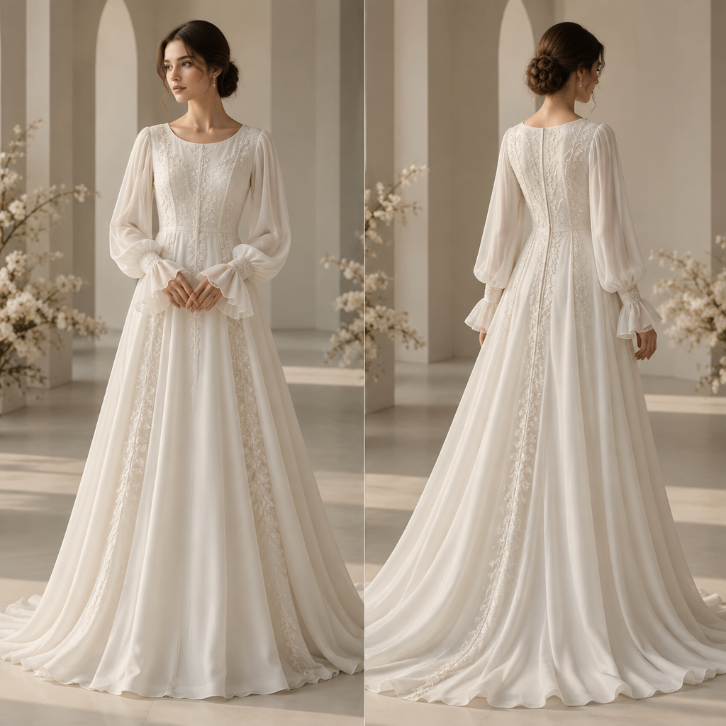 A Abaya design. أريد فستان زفاف لا يكون جميلاً فحسب، بل يكون أيضاً فستاناً تشعر فيه المرأة بالراحة الحقيقية طوال يوم زفافها.
أريد أن تكون فتحة الرقبة مفتوحة من حيث التصميم، من دون ياقة عالية أو رقبة طويلة ومغلقة. أحب الخط الناعم والجميل عند الرقبة، مثل الفتحة الدائرية أو نصف الدائرية. وبما أنني سأرتدي فوق الفستان إما خماراً من دون أكمام، أو شالاً شيشانياً طويلاً وأنيقاً، فلا أرى مشكلة في أن تكون فتحة الرقبة بهذا الشكل. ولا أقصد شالاً يلتف بإحكام حول الرقبة، بل أريده أن يكون حراً ومنسدلاً بطريقة جميلة وناعمة. كما أنني لا أريد ارتداء طرحة الزفاف (الفَاتا) مع الفستان.
أما الأكمام، فأريدها جميلة وناعمة وأنثوية، مع بعض الحجم الخفيف، ولكن من دون أن تكون منفوشة أو ضخمة بشكل مبالغ فيه. أريد أن تكون هناك أساور أو كفّات جميلة عند نهاية الأكمام، وبعد الكفّة أريد أن تمتد كمية صغيرة من القماش بشكل حر وناعم فوق اليدين، بحيث تنساب بانسيابية وتمنح الأكمام شكلاً جميلاً. لكنني لا أريد أن يكون هذا الجزء من القماش طويلاً جداً أو مبالغاً فيه؛ أريده قصيراً نسبياً، ناعماً وخفيفاً، بحيث يحافظ على أناقة الأكمام وخفتها.
ومن أهم الأمور بالنسبة لي أن يكون الفستان خفيفاً. ففي حفل زفافي شعرت بنفسي كم يمكن لفستان الزفاف الثقيل أن يسلب المرأة متعة يومها. لذلك أريد أن يكون فستاني خفيفاً ومريحاً قدر الإمكان، حتى لو كان مكوّناً من عدة طبقات. أريد أن أشعر بالحرية، وأن أستطيع الحركة والجلوس والمشي بسهولة، وأن أستمتع بيوم زفافي، من دون أن أشعر بثقل الفستان طوال الوقت.
كما أنني لا أريد حزاماً أو خصراً محدداً بشكل واضح أو قاسٍ. أريد تصميماً واسعاً وحراً، يتناسب مع أسلوب اللباس الإسلامي المحتشم. لكن في الوقت نفسه، لا أريد أن يجعل اتساع الفستان قوامي يبدو بلا شكل أو يضيف إليه حجماً بصرياً.
وهذا التوازن مهم جداً بالنسبة لي: أريد الفستان واسعاً من دون أن يكون فضفاضاً بشكل مبالغ فيه، وخفيفاً من دون أن يكون ثقيلاً، ومحتشماً من دون أن يبدو ضخماً أو متكلفاً.
أريد أن تنساب خطوط الفستان بنعومة من الكتفين ومن الجزء العلوي من الجسم إلى الأسفل، بحيث تمنح القوام مظهراً جميلاً وممتداً. أريد أن تتحرك القماشة بانسيابية مع الحركة، وأن تنساب بخفة وتمنح الفستان إحساساً بالنعومة والهواء.
لا أريد أن يلتصق الفستان بالجسم أو يبرز تفاصيله، لكنني في الوقت نفسه لا أريده أن يحوّل القوام إلى كتلة واسعة وغير محددة الشكل.
أما من الناحية الجمالية، فأتصور الفستان ناعماً، وخفيفاً، وانسيابياً وأنيقاً، مع لمعة جميلة وهادئة، وليس بملمس مطفأ. أريد أن تنعكس الإضاءة على القماش بنعومة وأن يظهر بريقه بشكل رقيق وجميل أثناء الحركة، ليمنح الفستان إحساساً بالفخامة، من دون أن يفقد خفته وراحته.
وأهم شيء بالنسبة لي هو أن أشعر في هذا الفستان بأنني جميلة، وأنثوية، وحرة ومرتاحة. أريد أن أستمتع بيوم زفافي من دون أن أفكر في ثقل الفستان أو في الطريقة التي يمكن أن يجعل بها قوامي يبدو أكبر.
أريد فستاناً يجمع بين الاحتشام والجمال، وبين الخفة والفخامة، وبين الاتساع والأناقة، ويجعلني أشعر بأنني أنا، ولكن في أجمل صورة يمكن أن أتخيلها لنفسي في يوم زفافي.. Germany fashion aesthetics. Present it as professional fashion catalogue photography: the garment is the subject, shown full-length with editorial styling, neutral posing and tasteful, non-suggestive framing.
photorealistic fashion design, A Abaya design. أريد فستان زفاف لا يكون جميلاً فحسب، بل يكون أيضاً فستاناً تشعر فيه المرأة بالراحة الحقيقية طوال يوم زفافها.
أريد أن تكون فتحة الرقبة مفتوحة من حيث التصميم، من دون ياقة عالية أو رقبة طويلة ومغلقة. أحب الخط الناعم والجميل عند الرقبة، مثل الفتحة الدائرية أو نصف الدائرية. وبما أنني سأرتدي فوق الفستان إما خماراً من دون أكمام، أو شالاً شيشانياً طويلاً وأنيقاً، فلا أرى مشكلة في أن تكون فتحة الرقبة بهذا الشكل. ولا أقصد شالاً يلتف بإحكام حول الرقبة، بل أريده أن يكون حراً ومنسدلاً بطريقة جميلة وناعمة. كما أنني لا أريد ارتداء طرحة الزفاف (الفَاتا) مع الفستان.
أما الأكمام، فأريدها جميلة وناعمة وأنثوية، مع بعض الحجم الخفيف، ولكن من دون أن تكون منفوشة أو ضخمة بشكل مبالغ فيه. أريد أن تكون هناك أساور أو كفّات جميلة عند نهاية الأكمام، وبعد الكفّة أريد أن تمتد كمية صغيرة من القماش بشكل حر وناعم فوق اليدين، بحيث تنساب بانسيابية وتمنح الأكمام شكلاً جميلاً. لكنني لا أريد أن يكون هذا الجزء من القماش طويلاً جداً أو مبالغاً فيه؛ أريده قصيراً نسبياً، ناعماً وخفيفاً، بحيث يحافظ على أناقة الأكمام وخفتها.
ومن أهم الأمور بالنسبة لي أن يكون الفستان خفيفاً. ففي حفل زفافي شعرت بنفسي كم يمكن لفستان الزفاف الثقيل أن يسلب المرأة متعة يومها. لذلك أريد أن يكون فستاني خفيفاً ومريحاً قدر الإمكان، حتى لو كان مكوّناً من عدة طبقات. أريد أن أشعر بالحرية، وأن أستطيع الحركة والجلوس والمشي بسهولة، وأن أستمتع بيوم زفافي، من دون أن أشعر بثقل الفستان طوال الوقت.
كما أنني لا أريد حزاماً أو خصراً محدداً بشكل واضح أو قاسٍ. أريد تصميماً واسعاً وحراً، يتناسب مع أسلوب اللباس الإسلامي المحتشم. لكن في الوقت نفسه، لا أريد أن يجعل اتساع الفستان قوامي يبدو بلا شكل أو يضيف إليه حجماً بصرياً.
وهذا التوازن مهم جداً بالنسبة لي: أريد الفستان واسعاً من دون أن يكون فضفاضاً بشكل مبالغ فيه، وخفيفاً من دون أن يكون ثقيلاً، ومحتشماً من دون أن يبدو ضخماً أو متكلفاً.
أريد أن تنساب خطوط الفستان بنعومة من الكتفين ومن الجزء العلوي من الجسم إلى الأسفل، بحيث تمنح القوام مظهراً جميلاً وممتداً. أريد أن تتحرك القماشة بانسيابية مع الحركة، وأن تنساب بخفة وتمنح الفستان إحساساً بالنعومة والهواء.
لا أريد أن يلتصق الفستان بالجسم أو يبرز تفاصيله، لكنني في الوقت نفسه لا أريده أن يحوّل القوام إلى كتلة واسعة وغير محددة الشكل.
أما من الناحية الجمالية، فأتصور الفستان ناعماً، وخفيفاً، وانسيابياً وأنيقاً، مع لمعة جميلة وهادئة، وليس بملمس مطفأ. أريد أن تنعكس الإضاءة على القماش بنعومة وأن يظهر بريقه بشكل رقيق وجميل أثناء الحركة، ليمنح الفستان إحساساً بالفخامة، من دون أن يفقد خفته وراحته.
وأهم شيء بالنسبة لي هو أن أشعر في هذا الفستان بأنني جميلة، وأنثوية، وحرة ومرتاحة. أريد أن أستمتع بيوم زفافي من دون أن أفكر في ثقل الفستان أو في الطريقة التي يمكن أن يجعل بها قوامي يبدو أكبر.
أريد فستاناً يجمع بين الاحتشام والجمال، وبين الخفة والفخامة، وبين الاتساع والأناقة، ويجعلني أشعر بأنني أنا، ولكن في أجمل صورة يمكن أن أتخيلها لنفسي في يوم زفافي.. Germany fashion aesthetics. Present it as professional fashion catalogue photography: the garment is the subject, shown full-length with editorial styling, neutral posing and tasteful, non-suggestive framing., just the design no text, show front and back