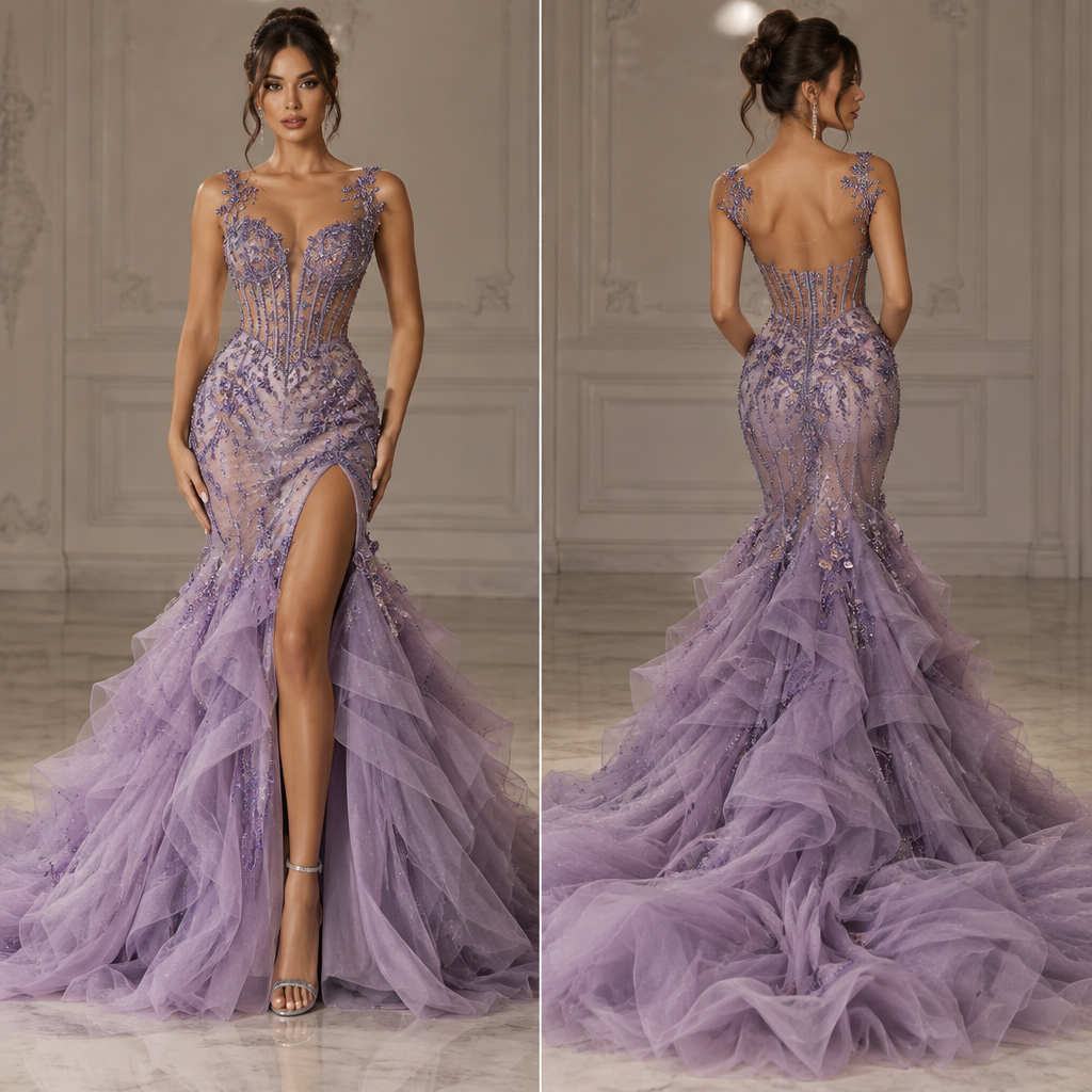 A Female Dress design, made of Tulle, Organza and Purple Crystal Beading with illusion mesh, with glamorous coverage: deep V-neck illusion with crystal leaf appliqué on shoulders and bust, boned corset bodice with vertical crystal stripe detailing and crystal floral clusters at waist, fitted mermaid silhouette with high thigh slit and dramatic layered ruffle tulle fishtail train with fluffy texture, for Matric Dance, Prom, Evening Gala, suitable for Spring, suited to a Temperate climate, in Elegant + Glam + Dramatic + Baddie style, shown on a model
photorealistic fashion design, A Female Dress design, made of Tulle, Organza and Purple Crystal Beading with illusion mesh, with glamorous coverage: deep V-neck illusion with crystal leaf appliqué on shoulders and bust, boned corset bodice with vertical crystal stripe detailing and crystal floral clusters at waist, fitted mermaid silhouette with high thigh slit and dramatic layered ruffle tulle fishtail train with fluffy texture, for Matric Dance, Prom, Evening Gala, suitable for Spring, suited to a Temperate climate, in Elegant + Glam + Dramatic + Baddie style, shown on a model, just the design no text, show front and back