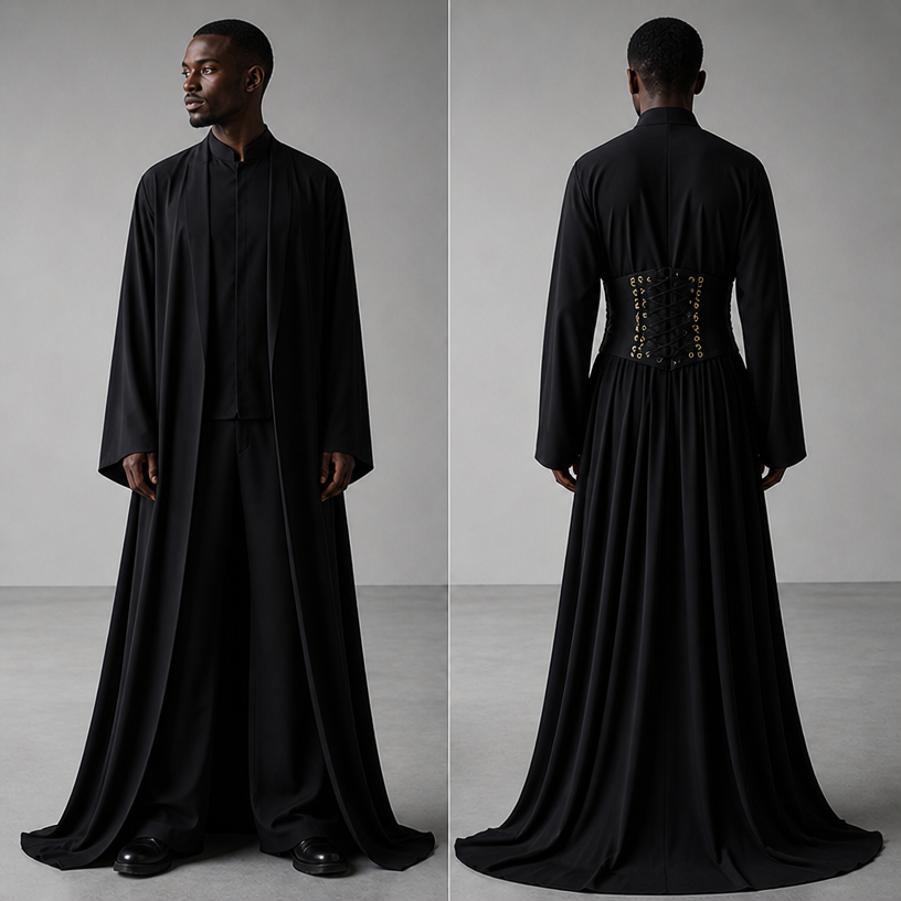 Make the model a black man wearing a wide legged pant
And make the corset holes gold
edit the attached fashion design with these instructions: Make the model a black man wearing a wide legged pant
And make the corset holes gold. keep it photorealistic, just the design no text