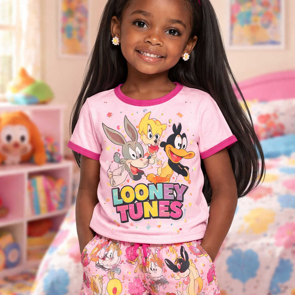 A black girl with straight black hair 8 years old with small flower earrings looney tunes pjs sleepwear
A black girl with straight black hair 8 years old with small flower earrings looney tunes pjs sleepwear