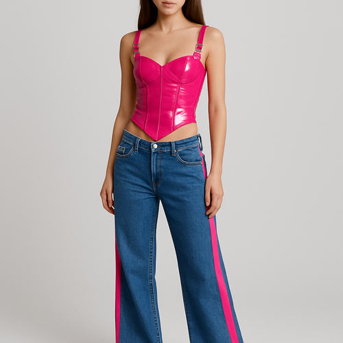 Low rise wide leg denim jeans with pink stripe down the side and matching pink corset top
Jeans less wide leg lower waist the pink to be more cerise and the matching corset to be shiny pvc material with dipped waist and two small silver buckles on the straps