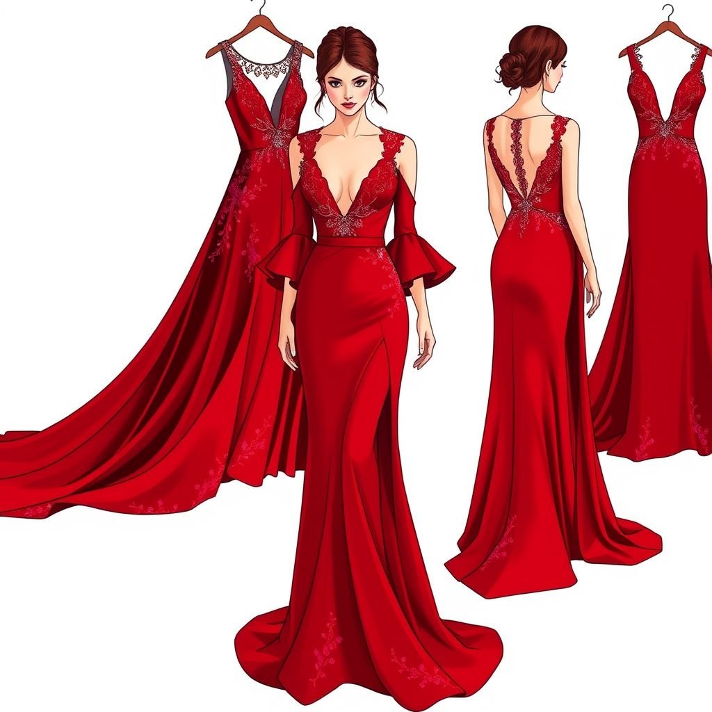 evening dresses-red color
Envision a captivating collection of evening dresses in rich crimson hues. Each gown features flowing, asymmetrical silhouettes adorned with delicate lace accents and shimmering sequins that catch the light. Billowing sleeves and a daring, plunging neckline evoke elegance, while a dramatic train adds a touch of grandeur—perfect for unforgettable nights.