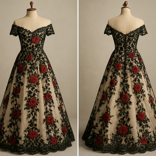 Lace black with champagne underlay wedding dress with off the shoulder sleeves with sequined red roses around the dress.