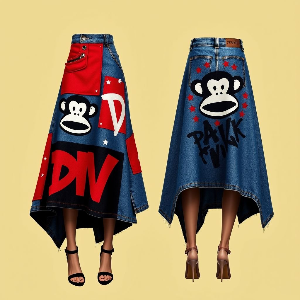 Do a collab with my brand “Da’Vine” or “DV” and “Paul frank” with the monkey symbol. Create a Maxi denim skirt and create a design for the collab on it! With “DV” somewhere on it. Make it red and black
Design a bold, maxi denim skirt embodying streetwear culture through a collaboration between “Da’Vine” and Paul Frank, featuring the iconic monkey symbol. The skirt should include large, vibrant red and black patches, graffiti-inspired typography showcasing “DV,” and asymmetrical cuts. Incorporate bold contrast stitching for an edgy, urban vibe.