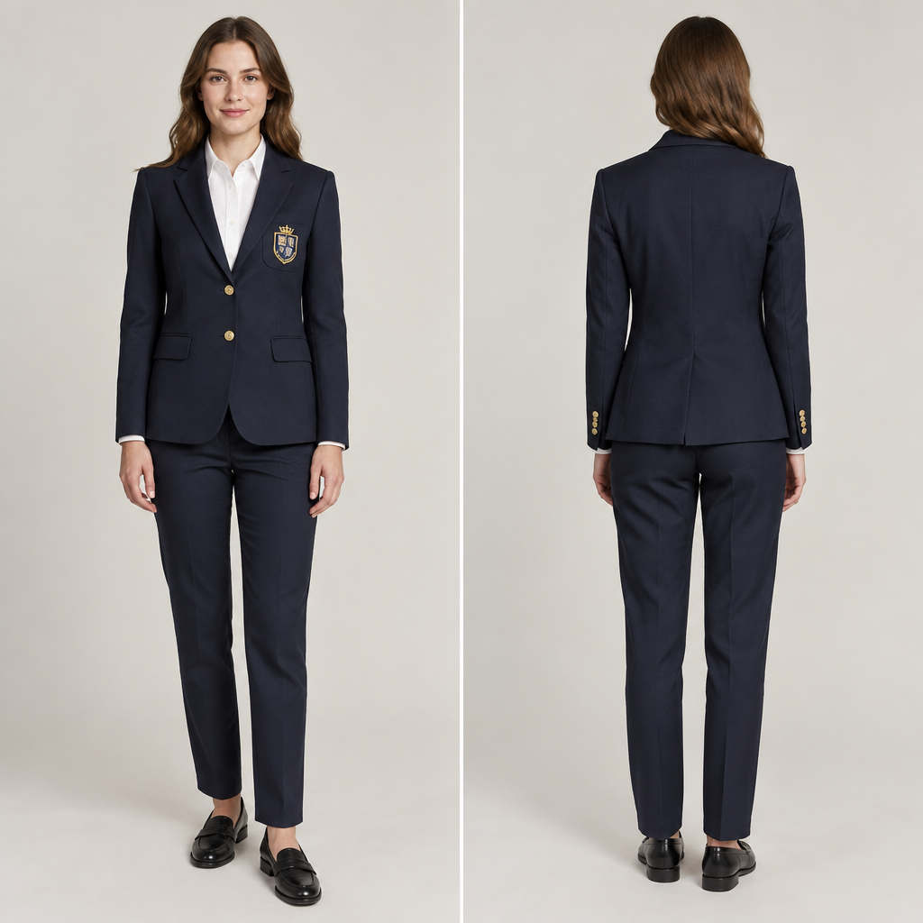 A British woman with brown hair wears a white Oxford shirt with a navy blue blazer with the Oxford crest stitched on it and the blazer is closed and navy blue chinos and black loafers
photorealistic fashion design, A British woman with brown hair wears a white Oxford shirt with a navy blue blazer with the Oxford crest stitched on it and the blazer is closed and navy blue chinos and black loafers , british style, just the design no text, show front and back