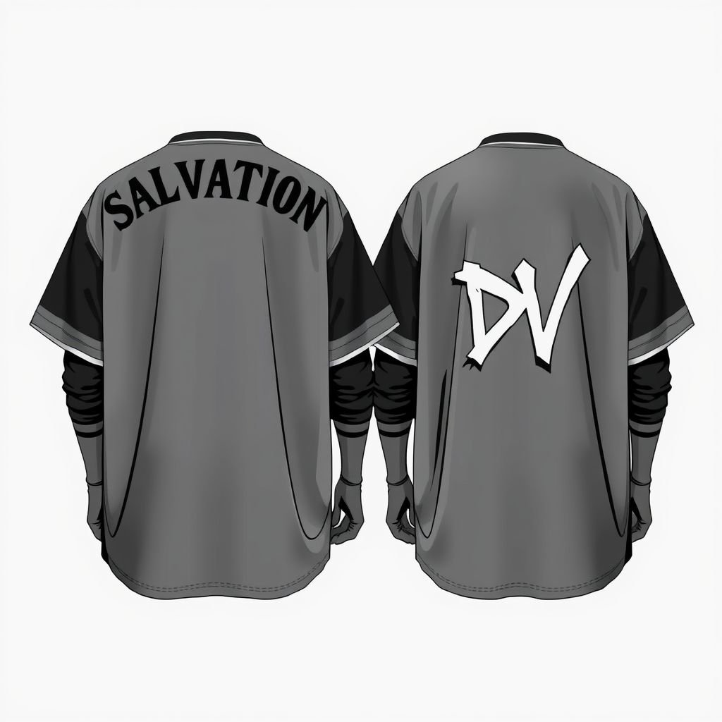 Men’s Shirt. Short sleeve with long sleeve under. With “salvation” across shoulders on back of shirt. Grey on grey, dark grey/light grey. Oversized streetwear shirt, with light graffiti on it. With “DV” on front in top left. Show both front and back.
Design an oversized men’s streetwear shirt featuring short sleeves and a contrasting long-sleeve underlayer. Utilize a grey-on-grey palette, mixing dark and light hues. Boldly print “Salvation” across the back shoulders, while the front showcases “DV” in a subtle corner. Add light graffiti accents for an urban vibe, showcasing both front and back perspectives.