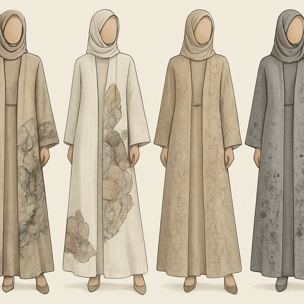 Create a modest two-piece linen abaya, the first of its kind, featuring a unique stone design that exudes a classy and sophisticated vibe. I'd like four designs, each showcasing different styles and fabrics. Incorporate high-end, unique chic stone designs to make them truly special. Add little sophisticated stone designs.

Create a modest two-piece linen abaya, the first of its kind, featuring a unique stone design that exudes a classy and sophisticated vibe. I'd like four designs, each showcasing different styles and fabrics. Incorporate high-end, unique chic stone designs to make them truly special. Add little sophisticated stone designs.