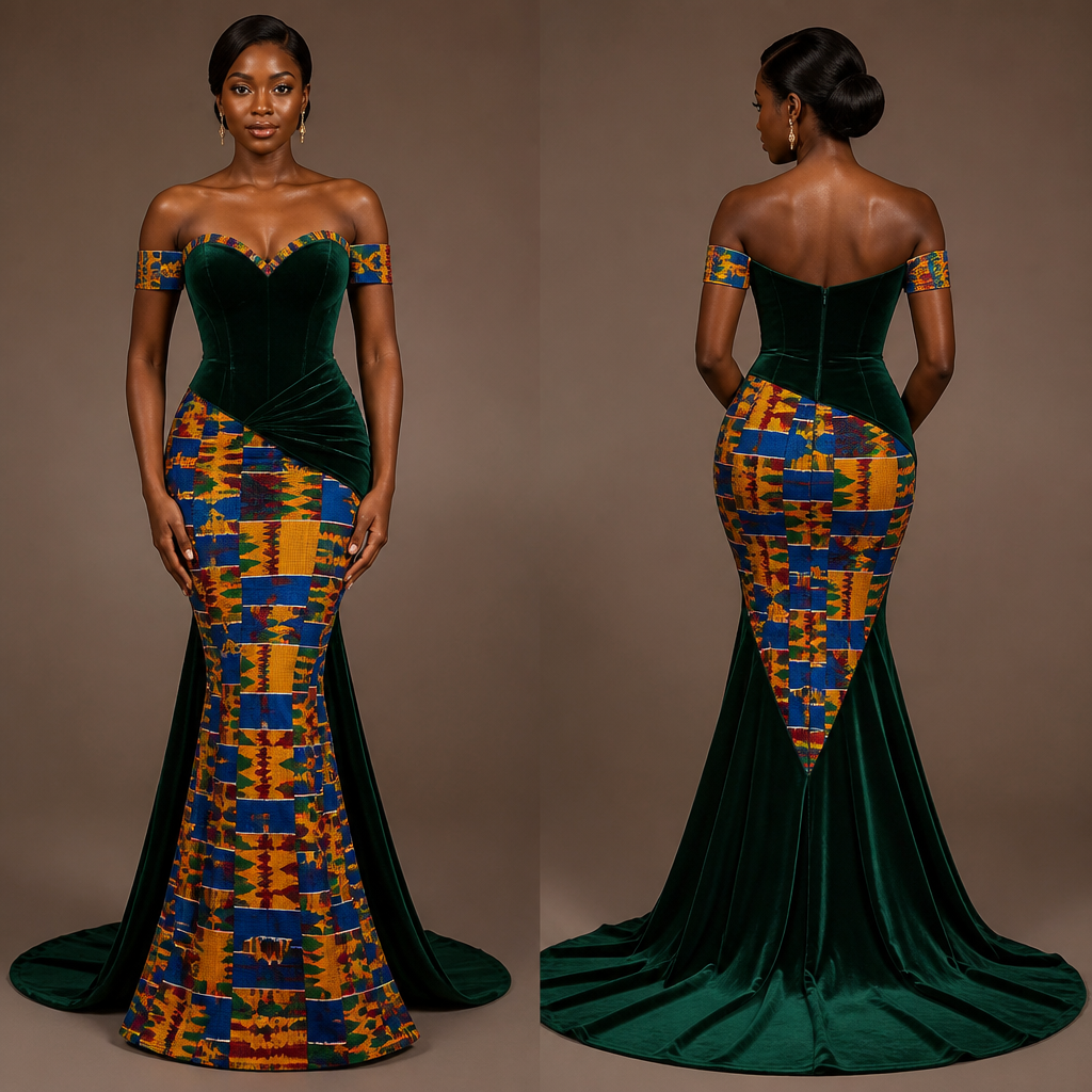 Mermaid dress with a Green velvet corset top , sweetheart neckline and mostly blue and yellow with minimal green and red Nkrumah kente from the waist downwards.
The kente also running along the neckline with kente off-shoulder sleeves .The trail attached in an v shape at the level of the knees also made from green velvet.
The connection between the velvet and kente is oblique to right side at the level of the wait and hips.
photorealistic fashion design, Mermaid dress with a Green velvet corset top , sweetheart neckline and mostly blue and yellow with minimal green and red Nkrumah kente from the waist downwards.
The kente also running along the neckline with kente off-shoulder sleeves .The trail attached in an v shape at the level of the knees also made from green velvet.
The connection between the velvet and kente is oblique to right side at the level of the wait and hips. , just the design no text, show front and back