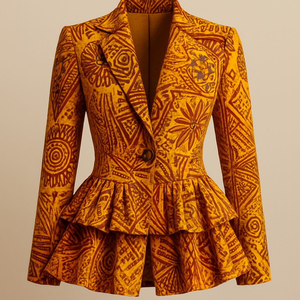 Create a yellow and oranger blazer with Afrocentric motifs in Adire design and frills below 

Create a yellow and oranger blazer with Afrocentric motifs in Adire design and frills below 