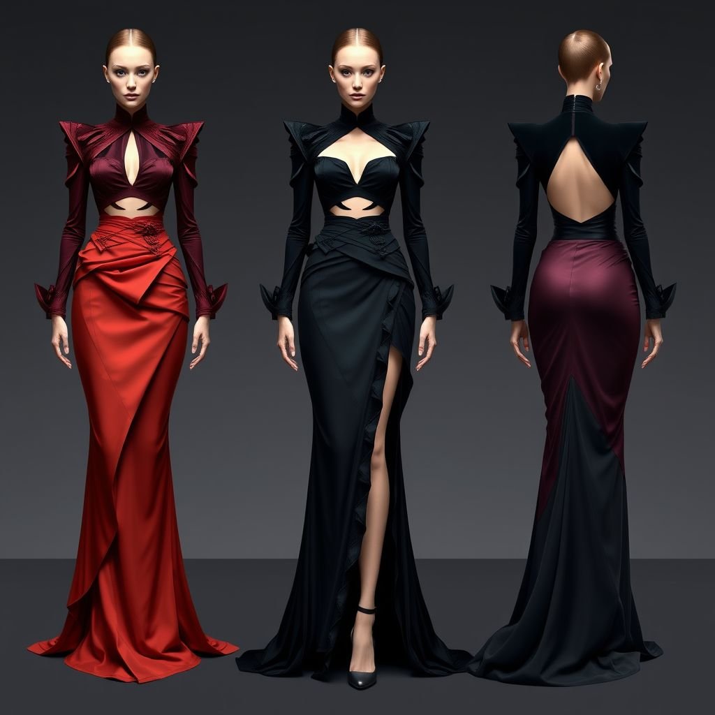 Fancy, Different cut, Long Skirt set. Top and Bottom
Create a stunning fashion design inspired by the avant-garde style of Alexander McQueen. Imagine a luxurious, asymmetric long skirt set featuring intricate draping and layered textures. The top showcases structured silhouettes with bold cutouts, merging deep jewel tones and shimmering fabrics, embodying a daring yet elegant aesthetic that challenges traditional forms.