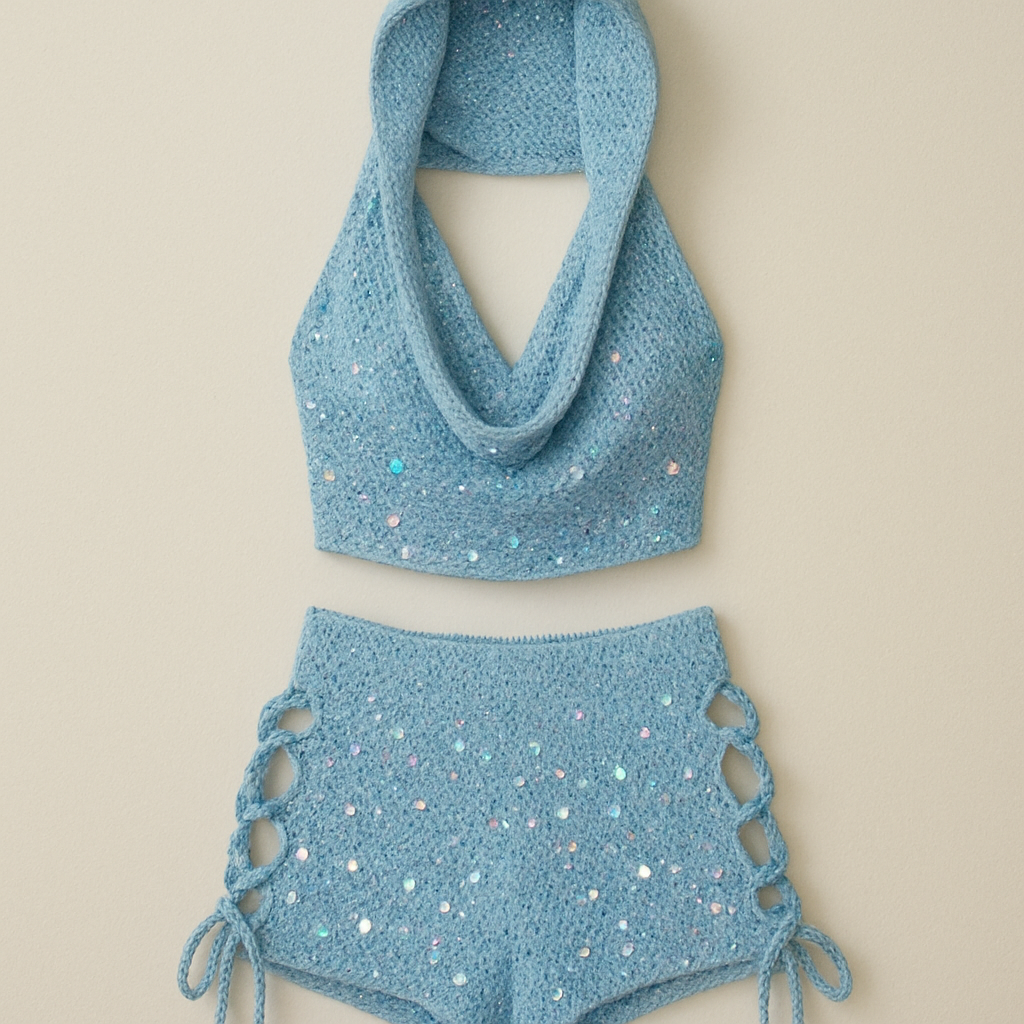 I’d like to design a crochet set, the shorts will feature sequins in different sizes as we as side cutouts tied together by a string detail, the base yarn is sparkly, the top uses sequin yarn, it is a ombré top with a draped halter neck and a hood, the top is sleeveless, this set is light blue with holographic sequins
I’d like to design a crochet set, the shorts will feature sequins in different sizes as we as side cutouts tied together by a string detail, the base yarn is sparkly, the top uses sequin yarn, it is a ombré top with a draped halter neck and a hood, the top is sleeveless, this set is light blue with holographic sequins , designer style