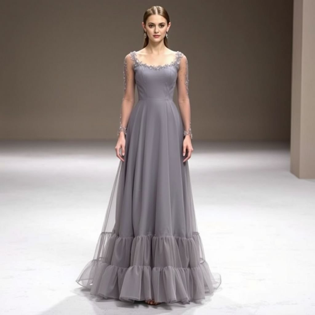 A grey long dress which is flowy from the end and lays down on the ground. The sleeves should be long of net with embroidery. The dress should be embellished but not as much minimaslist type. The bottom of the dress should be of organza frill. The neck should be square shaped. And the frill should be only one at the end
Design an elegant grey long formal dress that gracefully flows to the floor, creating a stunning silhouette. The sheer net long sleeves feature intricate embroidery, adding a touch of sophistication. Minimal embellished detailing contrasts beautifully with the single organza frill at the hem, while a chic square neckline completes this timeless ensemble.