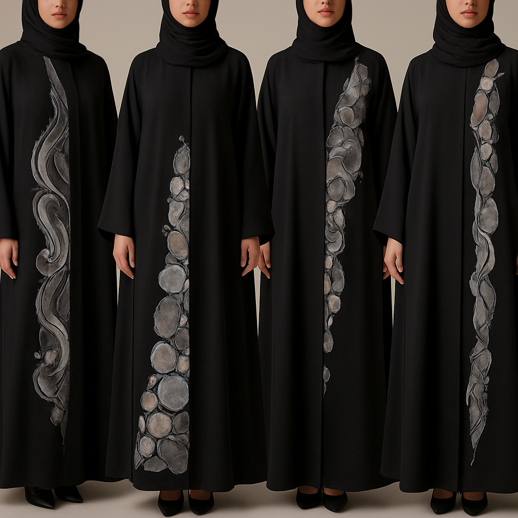 Create a modest abaya that's the first of its kind, featuring a unique stone design that exudes a classy and sophisticated vibe. I'd like four designs, each showcasing different styles and fabrics.
Incorporate high-end, unique chic stone designs to make them truly special. Add a little sophisticated stone work to it.

Create a modest abaya that's the first of its kind, featuring a unique stone design that exudes a classy and sophisticated vibe. I'd like four designs, each showcasing different styles and fabrics.
Incorporate high-end, unique chic stone designs to make them truly special. Add a little sophisticated stone work to it.