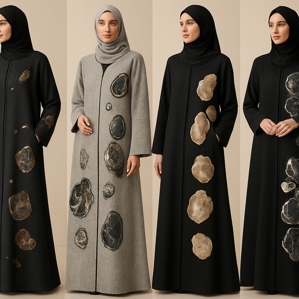 Create a modest abaya, the first of its kind, featuring a unique stone design that exudes a classy and sophisticated vibe. I'd like four designs, each showcasing different styles and fabrics. Incorporate high-end, unique chic stone designs to make them truly special. Add little sophisticated stone designs. Make it irritable for customers
Create a modest abaya, the first of its kind, featuring a unique stone design that exudes a classy and sophisticated vibe. I'd like four designs, each showcasing different styles and fabrics. Incorporate high-end, unique chic stone designs to make them truly special. Add little sophisticated stone designs. Make it irritable for customers