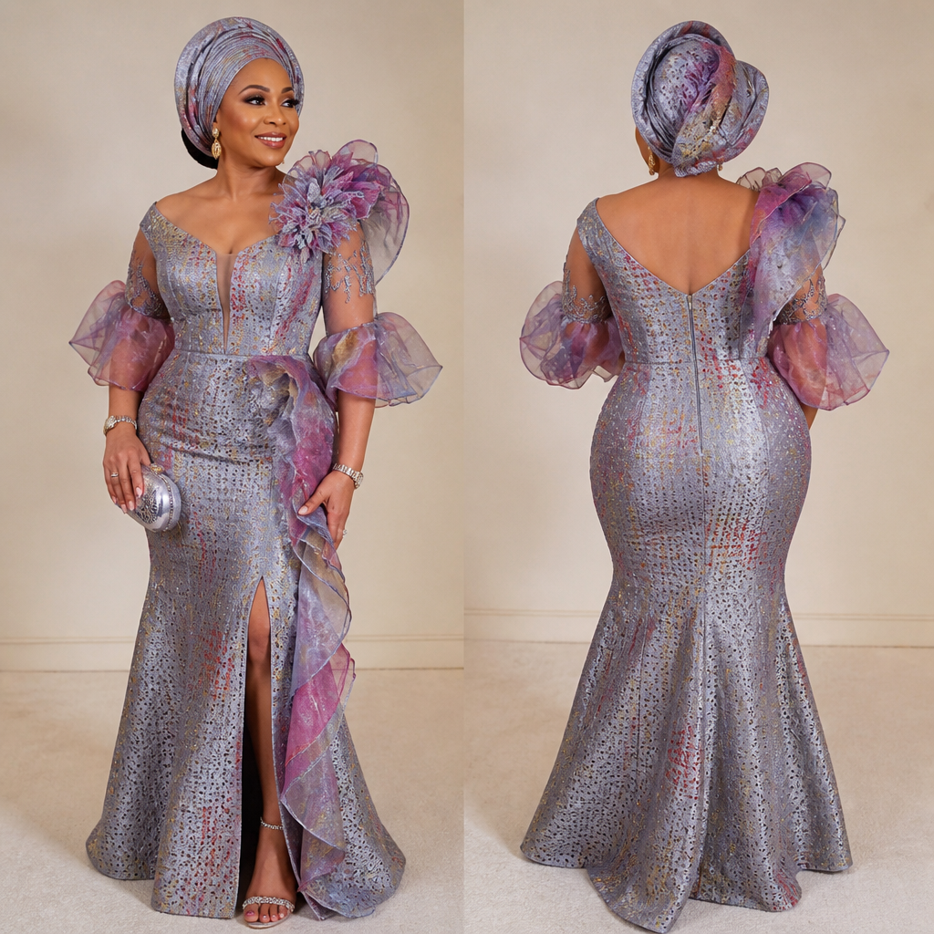 PROMPT
A photorealistic dinner dress for a 50 year old woman to attend a birthday party made from colorful beautiful silver gray aso oke with small holes on it and a touch of colorful organza fabric with beautiful trims that will look gorgeous and fabulous.
photorealistic fashion design, PROMPT
A photorealistic dinner dress for a 50 year old woman to attend a birthday party made from colorful beautiful silver gray aso oke with small holes on it and a touch of colorful organza fabric with beautiful trims that will look gorgeous and fabulous.
, designer style, just the design no text, show front and back