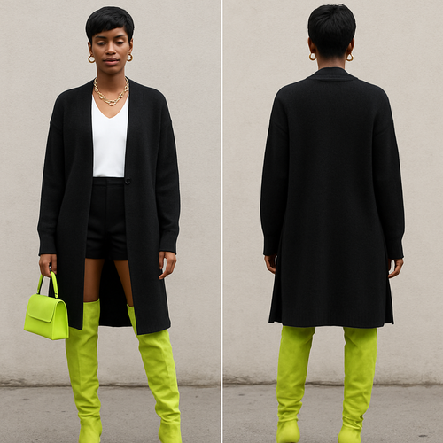 Black woman 
Pixie cut 
Long cardigan closed 
White blouse 
Black shorts 
Gold jewelry 
Lime thigh high boots 
Lime purse 

