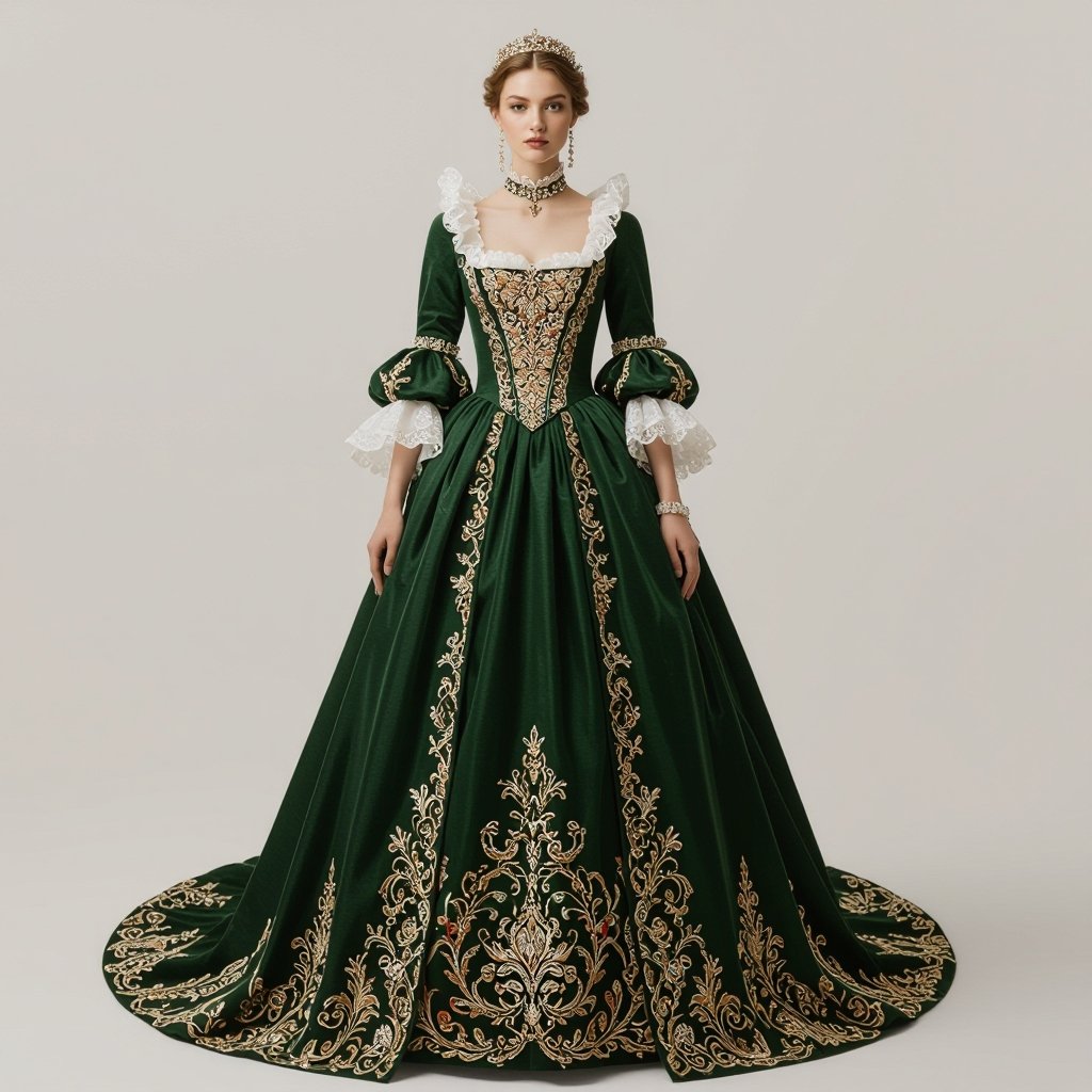 Sleeping beauty inspired wedding dress
Baroque fashion: Sleeping Beauty inspired wedding dress, ornate lace, full skirt, puff sleeves, standing collar, rich embroidery.