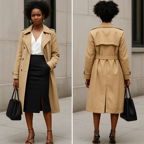 Black woman 
White blouse
Beige trench coat
Pencil skirt 
Silver jewelry thing high
String heels 
Big Black purse 
