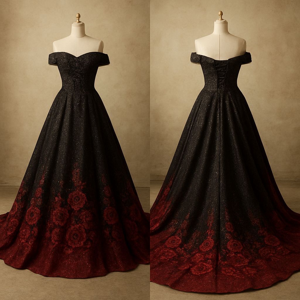 Glittery Black A-line off-the-shoulder sleeveless wedding dress with long royal train. Corset back, with embroidered sequin beading on the top. The bottom fades into red with embroidered red sequined roses.
Glittery Black A-line off-the-shoulder sleeveless wedding dress with long royal train. Corset back, with embroidered sequin beading on the top. The bottom fades into red with embroidered red sequined roses., vintage style, show front and back