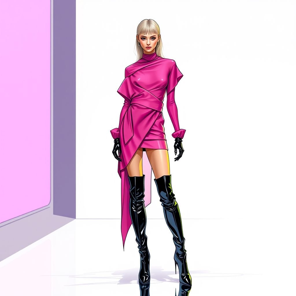 Pink Wet look sheer, with a short skirt, asymmetrical top, knee high boots and a flare
Design an avant-garde fashion piece featuring a bold pink wet-look sheer fabric. The ensemble includes a daring asymmetrical top that drapes elegantly, paired with a flirty short skirt. Complete the look with glossy knee-high boots and dramatic flares, adding an edgy futuristic element that challenges traditional silhouettes and embraces individuality.