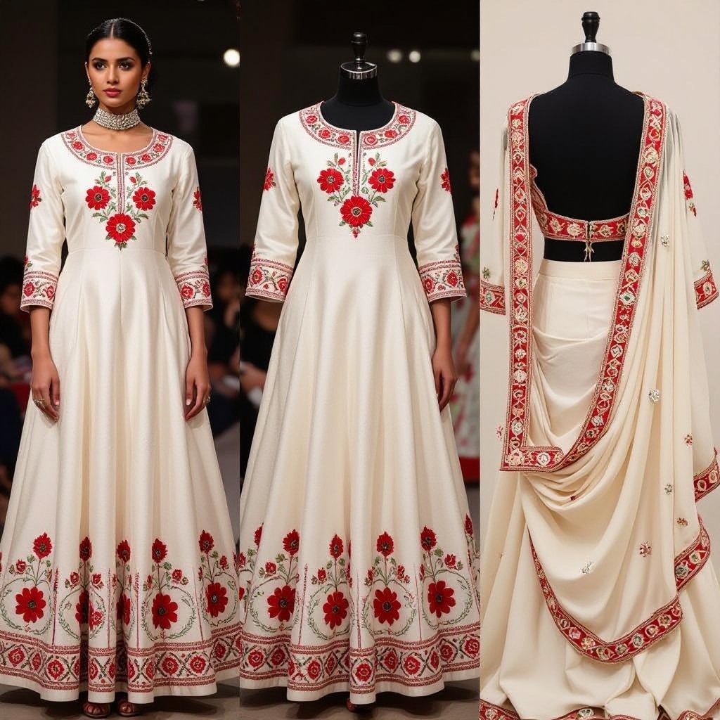 Hey I want you to create a white on top with red Danna work flowers and white and in bottom I want you to create a mermaid style white lahenga skirt with a choker dupatta with Davis work on it in red and cream color. Front and back and detailed view
White raw silk kurti with red Danna work flowers, round neckline, 3/4 sleeves. White raw silk mermaid lahenga skirt. Choker dupatta with red and cream Zardozi work. Front, back, and detailed views.