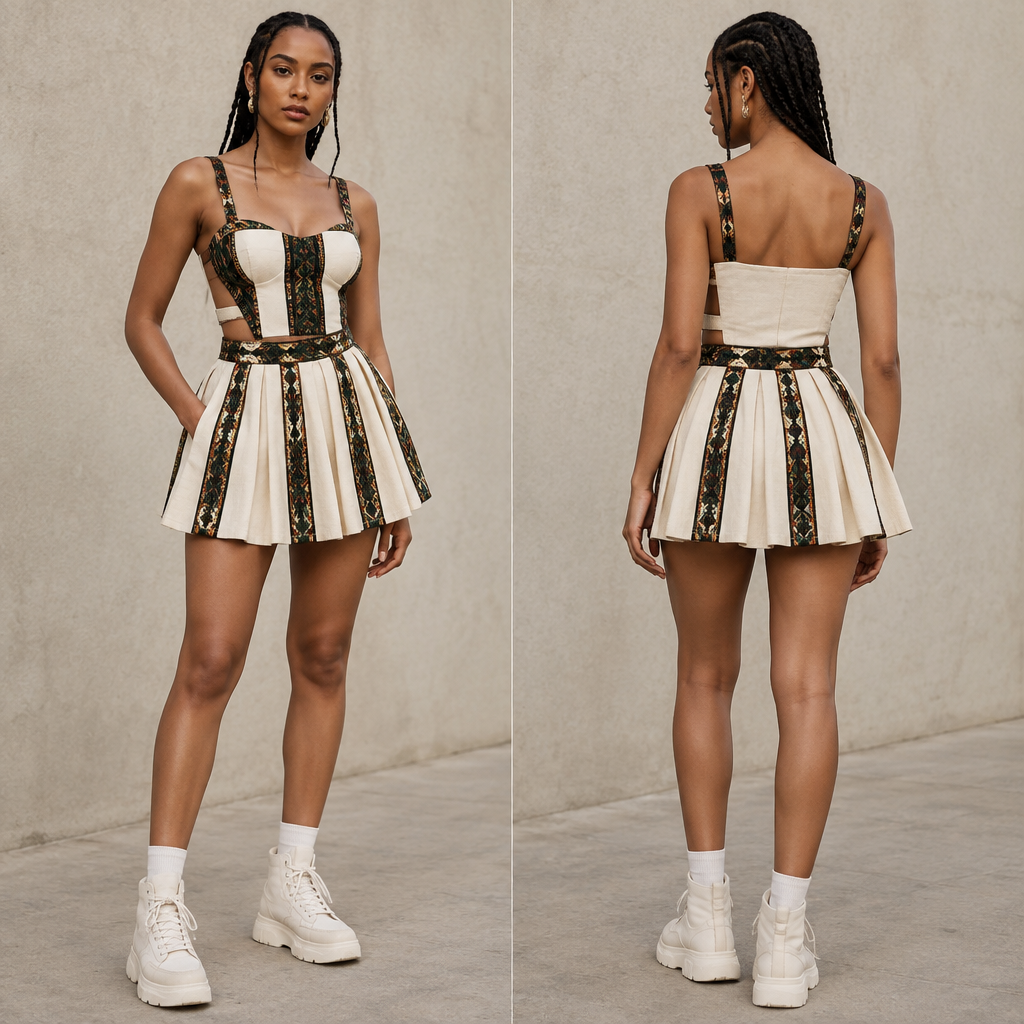 A Dress design, in Streetwear style. make a short with a short skirts with a street wear Style. Ethiopia fashion aesthetics. Present it as professional fashion catalogue photography: the garment is the subject, shown full-length with editorial styling, neutral posing and tasteful, non-suggestive framing.
photorealistic fashion design, A Dress design, in Streetwear style. make a short with a short skirts with a street wear Style. Ethiopia fashion aesthetics. Present it as professional fashion catalogue photography: the garment is the subject, shown full-length with editorial styling, neutral posing and tasteful, non-suggestive framing., streetwear style, just the design no text