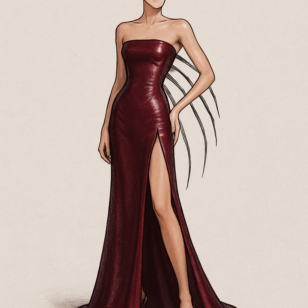 a burgendy dress with a slit and its strapless and its silvery and shiny and the back has a spider legs connecting to the sides of the dress to hold it up
a burgendy dress with a slit and its strapless and its silvery and shiny and the back has a spider legs connecting to the sides of the dress to hold it up