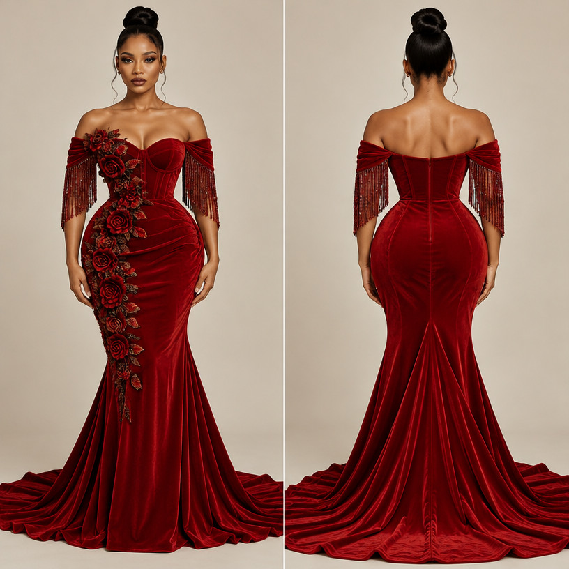 It is an off shoulder bustier gown
edit the attached fashion design with these instructions: It is an off shoulder bustier gown. keep it photorealistic, just the design no text