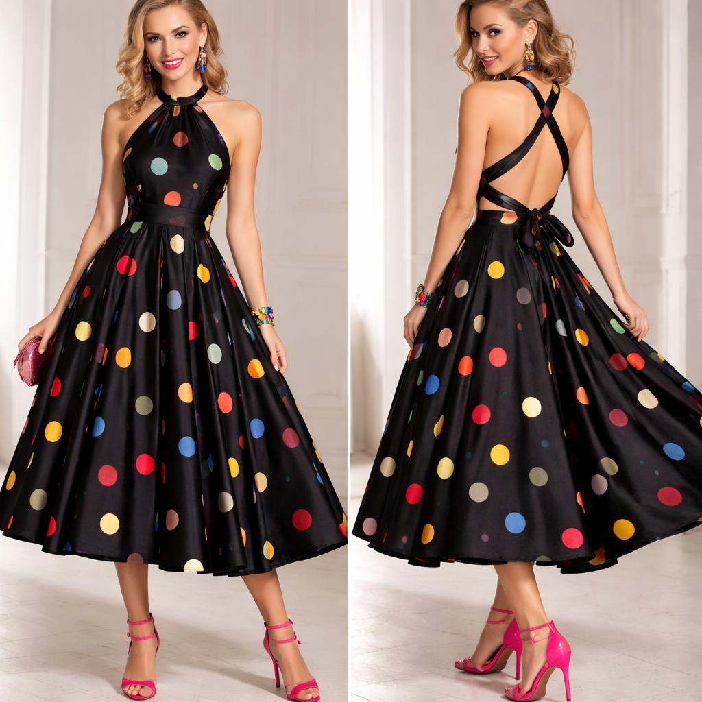 Create a gorgeous silk evening dress with a black halter neck, quirky back details and a full skirt, with a midi length and a bright polka dots, worn with eye catching bright heels and jewellery.
Create a gorgeous silk evening dress with a black halter neck, quirky back details and a full skirt, with a midi length and a bright polka dots, worn with eye catching bright heels and jewellery., classic style, show front and back