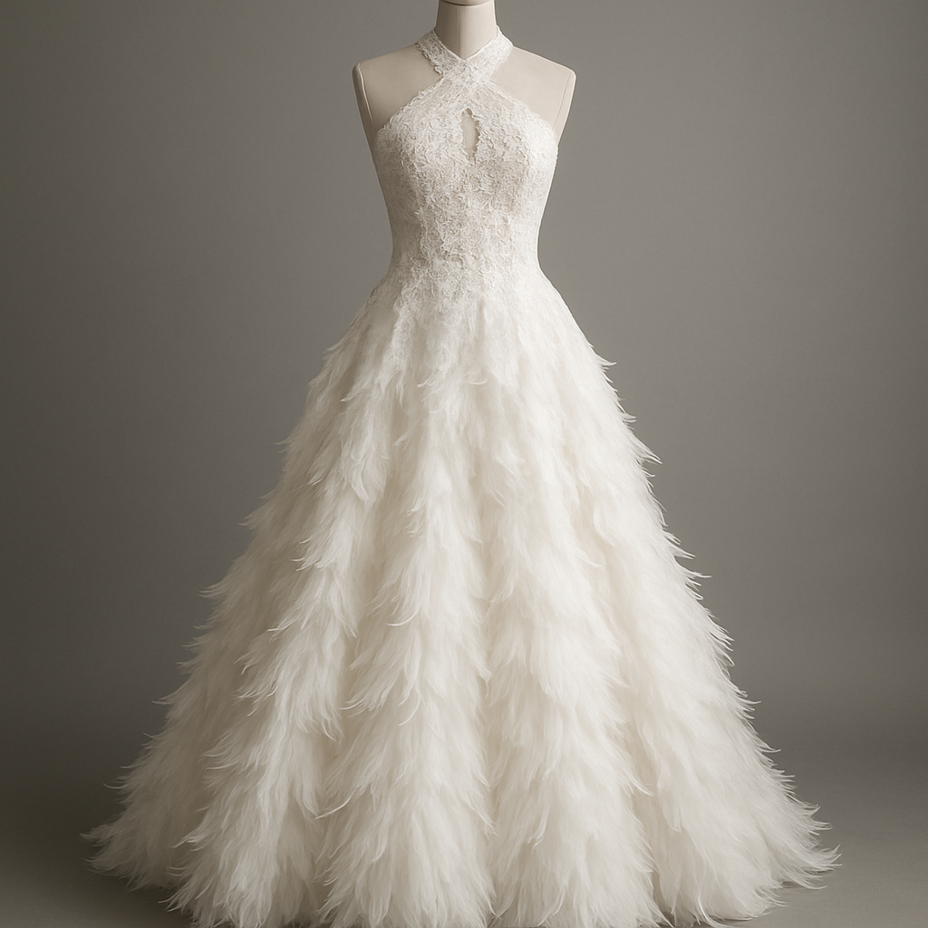 A wedding dress with a crossed over halter neck lace bodice and a layered feathered a-line bottom
A wedding dress with a crossed over halter neck lace bodice and a layered feathered a-line bottom