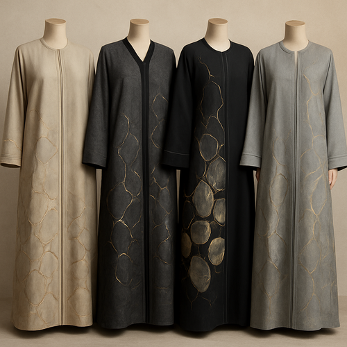 Create a modest abaya that's the first of its kind, featuring a unique stone design that exudes a classy and sophisticated vibe. I'd like four designs, each showcasing different styles and fabrics.
Incorporate high-end, unique chic stone designs to make them truly special. Add little sophisticated stone design.