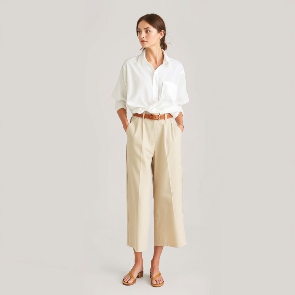 For summer
Create a summer fashion ensemble that embodies minimalist style, featuring a light, oversized white linen shirt paired with tailored beige culottes. Incorporate a soft, muted pastel color palette. Emphasize clean lines and subtle textures, with delicate, functional accessories such as a slim leather belt and simple, strappy sandals for effortless elegance.