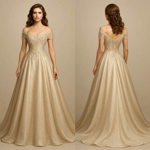 A royal-style elegant evening gown inspired by London and French high fashion. The dress has a fitted bodice with soft satin or silk fabric, off-shoulder neckline, and delicate lace or pearl embroidery. The skirt flows into a long, graceful train with subtle shimmer — sophisticated, timeless, and regal. The color palette includes shades of champagne, ivory, midnight blue, or emerald green. Add minimal jewelry and soft curls for a royal look.