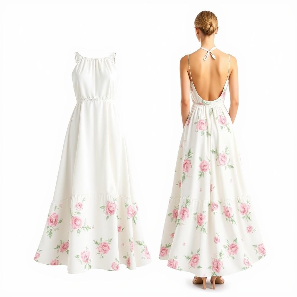 שמלת קצרה של קיץ סטייל נקי קדימה ואחורה
Design a chic summer dress featuring a clean silhouette with a high neckline and flowing hemline that gracefully sways with movement. The front showcases minimalistic lines, while the back features an elegant cutout detail. Crafted from lightweight, breathable fabric, it is adorned with subtle pastel floral patterns for a fresh, vibrant touch.