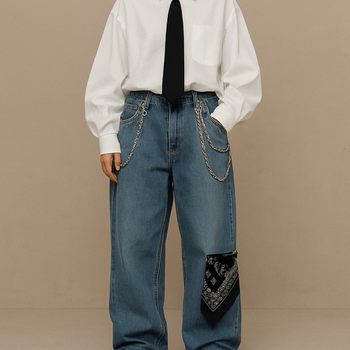 Baggy blue jeans with a oversized white buttoned shirt with a black tie and chains on the pants and a bandanna on the pants and some chain accessories 
