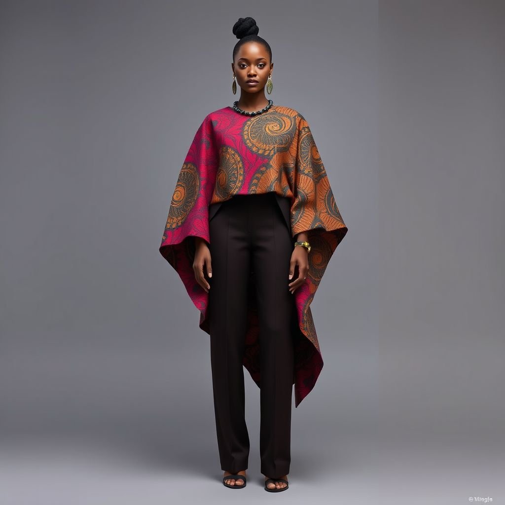 A mix of the traditional Yoruba agbada in modern styles
Craft a contemporary Yoruba agbada that blends rich, textured fabrics with sleek silhouettes. The design features vibrant, asymmetrical patterns, incorporating metallic thread accents. Long, flowing sleeves are paired with tailored trousers, juxtaposing traditional craftsmanship with modern minimalism. Accessorize with bold statement jewelry, celebrating cultural heritage through an avant-garde lens.