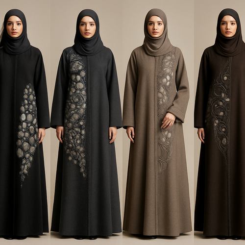 Create a modest abaya that's the first of its kind, featuring a unique stone design that exudes a classy and sophisticated vibe. I'd like four designs, each showcasing different styles and fabrics.
Incorporate high-end, unique chic stone designs to make them truly special. Add a little sophisticated stone work to it.