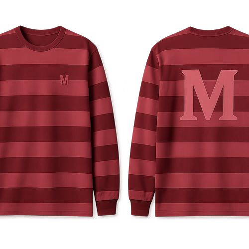 Make a Longsleeve with dark red stripes and pink make a logo on the back with the letter M and a small logo on the side of the chest also with the letter M.

