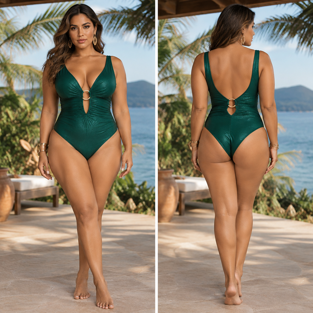 A Female Swimwear design, with a rich, textured surface, with a Tailored silhouette, in a Jewel Tones color palette, for Date Night, suitable for Summer, suited to a Tropical climate, in Glamorous style, shown on a model with medium skin tone and a curvy figure. Brazil fashion aesthetics. Present it as professional fashion catalogue photography: the garment is the subject, shown full-length with editorial styling, neutral posing and tasteful, non-suggestive framing.
photorealistic fashion design, A Female Swimwear design, with a rich, textured surface, with a Tailored silhouette, in a Jewel Tones color palette, for Date Night, suitable for Summer, suited to a Tropical climate, in Glamorous style, shown on a model with medium skin tone and a curvy figure. Brazil fashion aesthetics. Present it as professional fashion catalogue photography: the garment is the subject, shown full-length with editorial styling, neutral posing and tasteful, non-suggestive framing., glamorous style, just the design no text, show front and back